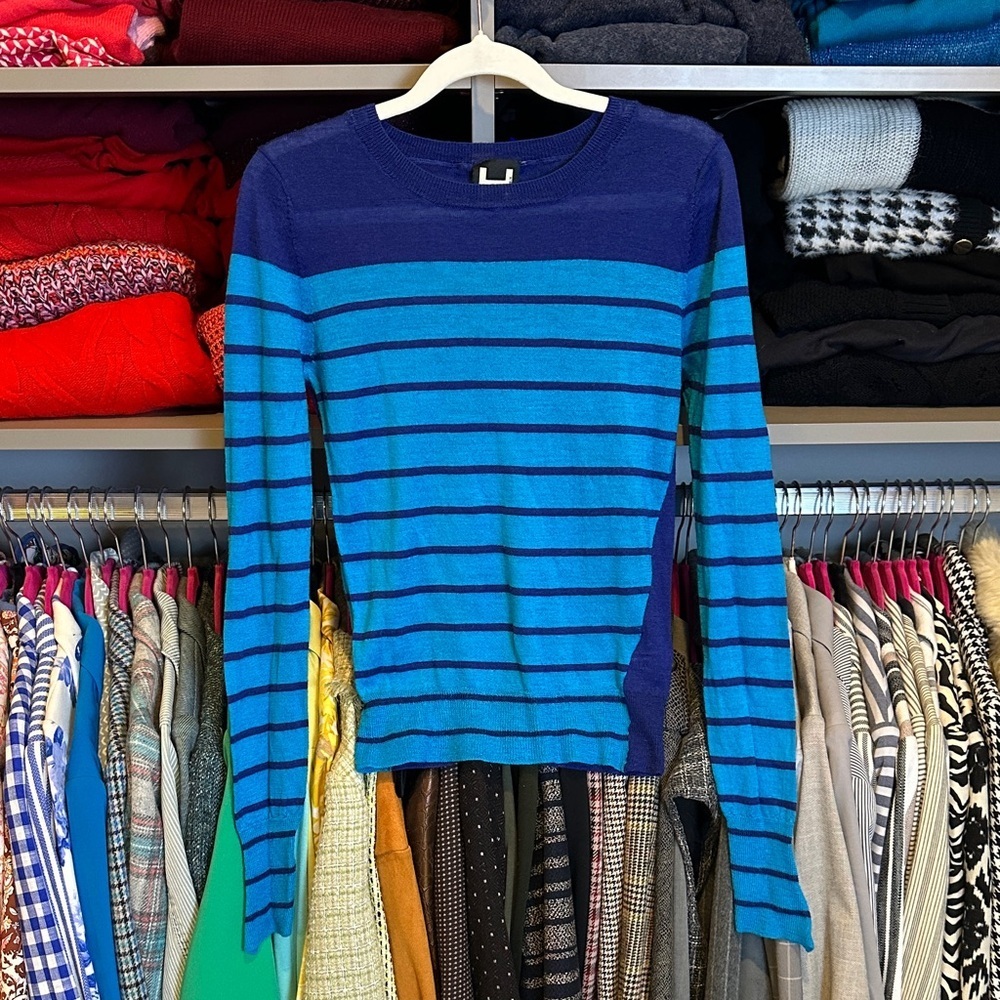 H by Bordeaux wool blend blue striped lightweight crew neck sweater size S